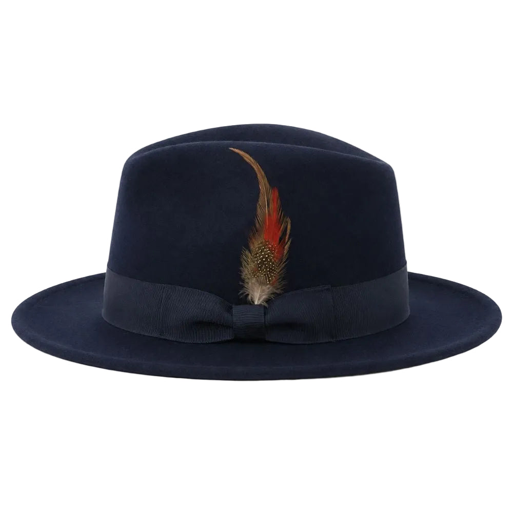 A navy blue felt fedora hat with a matching ribbon band and bow, decorated with a decorative feather accent, shown against a plain white background.