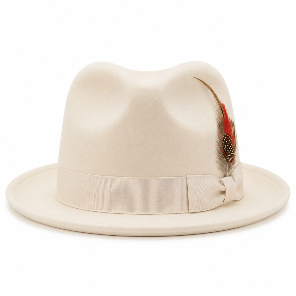 A cream-colored felt fedora hat with a matching ribbon band and bow, decorated with a red and black feather on the side, set against a plain white background.