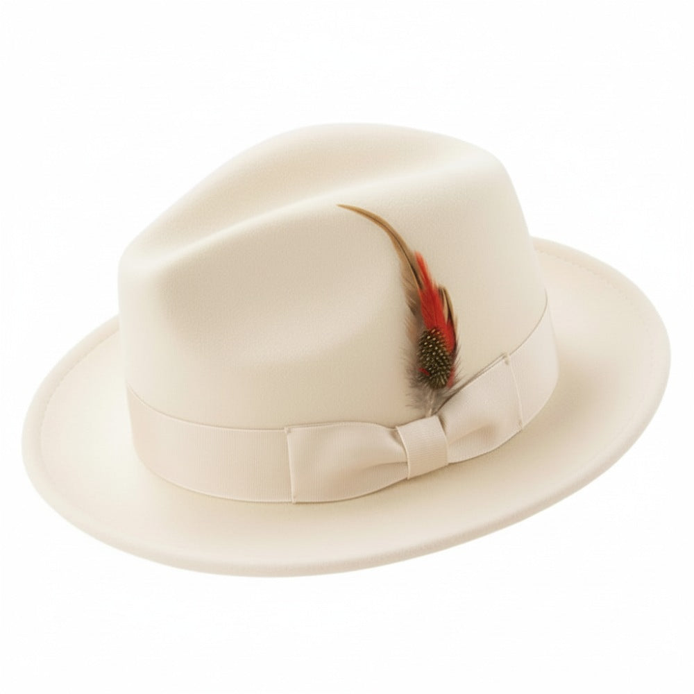 Brooklyn Collection - Wool Felt Crushable Fedora with Feather Accent in White