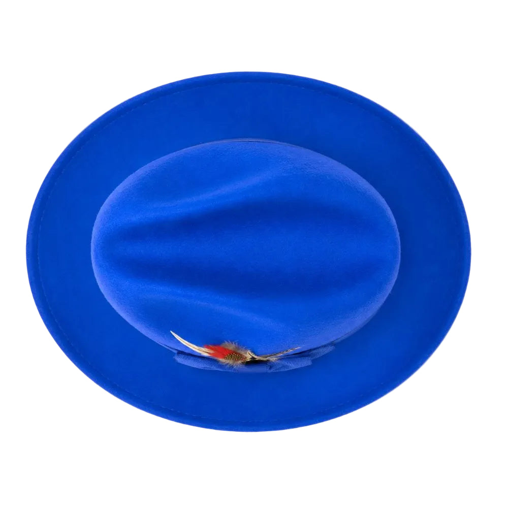 A bright blue wide-brimmed hat with a small decorative feather accent near the front, photographed against a plain white background.
