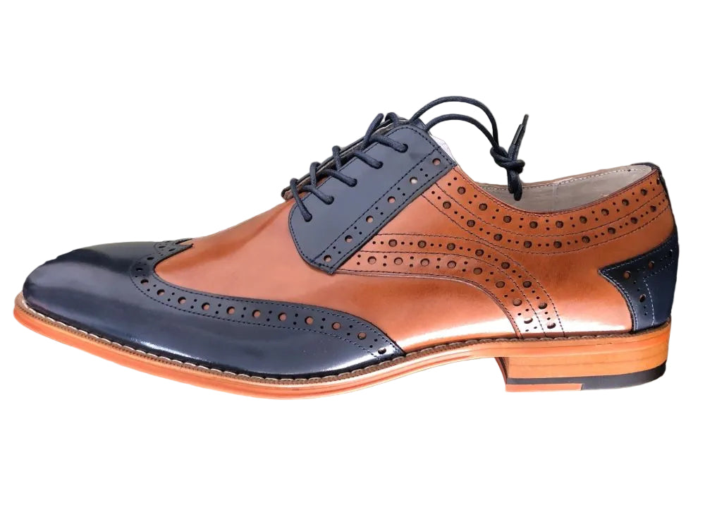 A men's three-tone leather oxford wingtip shoe with a glossy navy blue toe cap, a smooth tan leather vamp, and dark navy brogue overlays, displayed on top of its beige box against a black background.