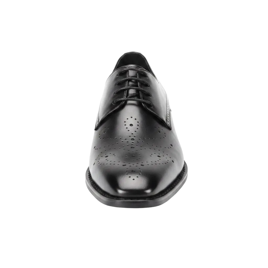 Black leather dress shoe on a white background