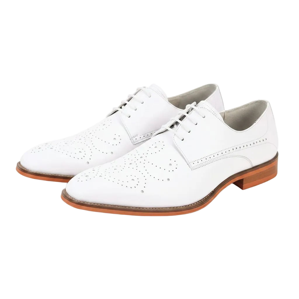 White leather shoes with brown soles on a white background