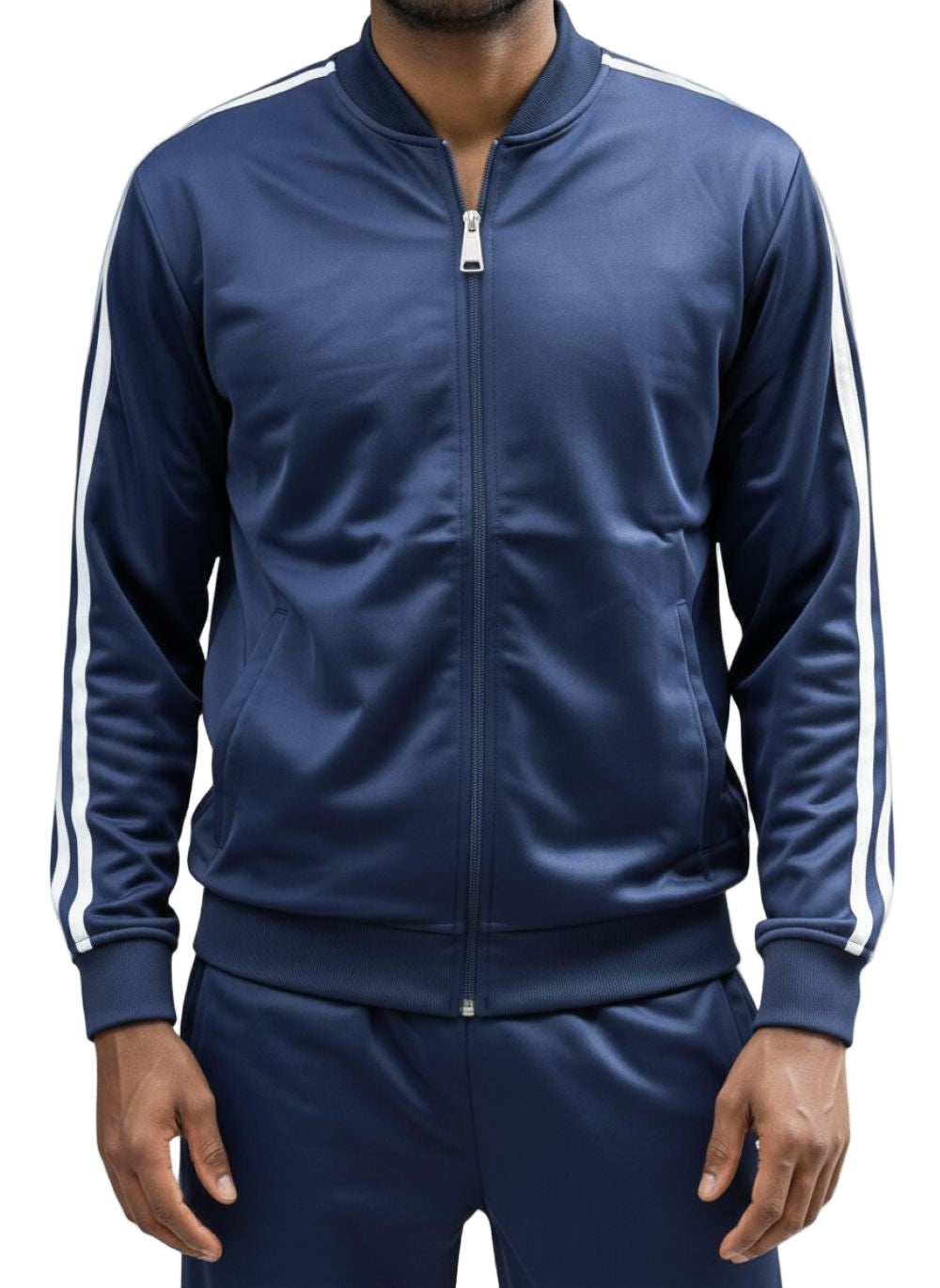 Navy tracksuit with white stripes on a plain background