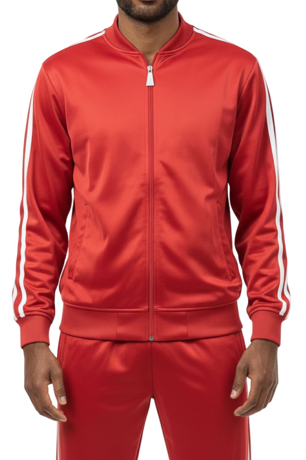 Red tracksuit with white stripes on sleeves and pants against a white background