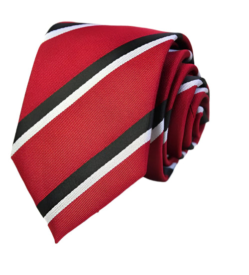 Red black and white diagonal stripe tie