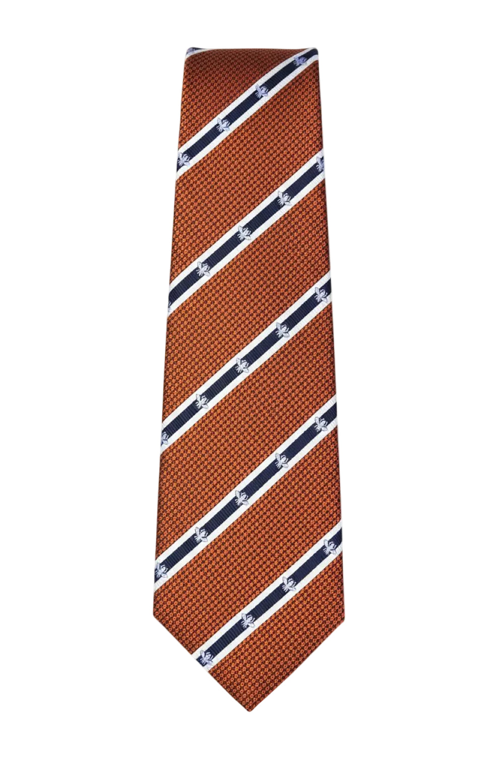 Orange tie with navy and white diagonal stripes laid completely flat