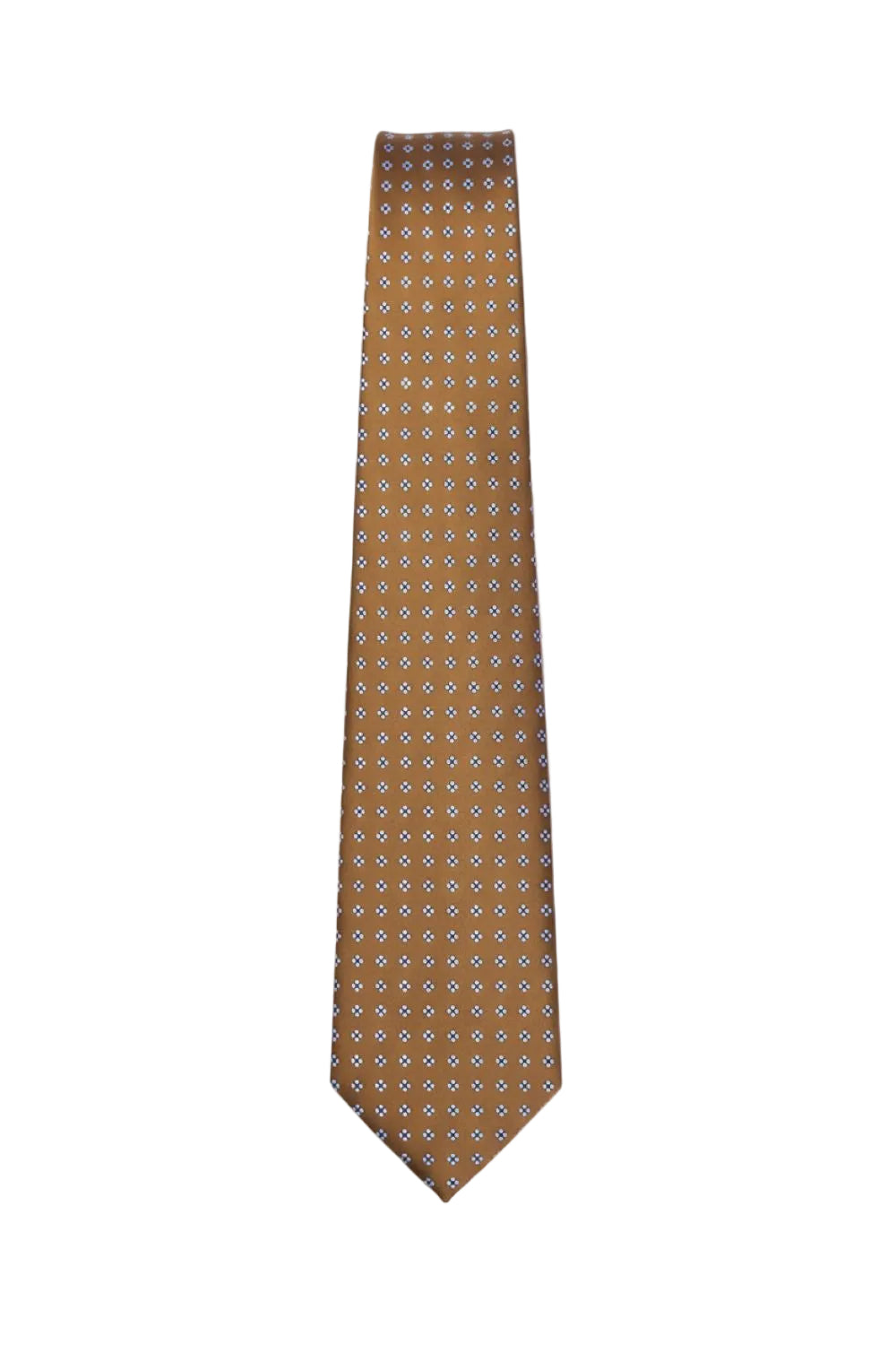 Tan tie with white and navy geometric pattern laid flat