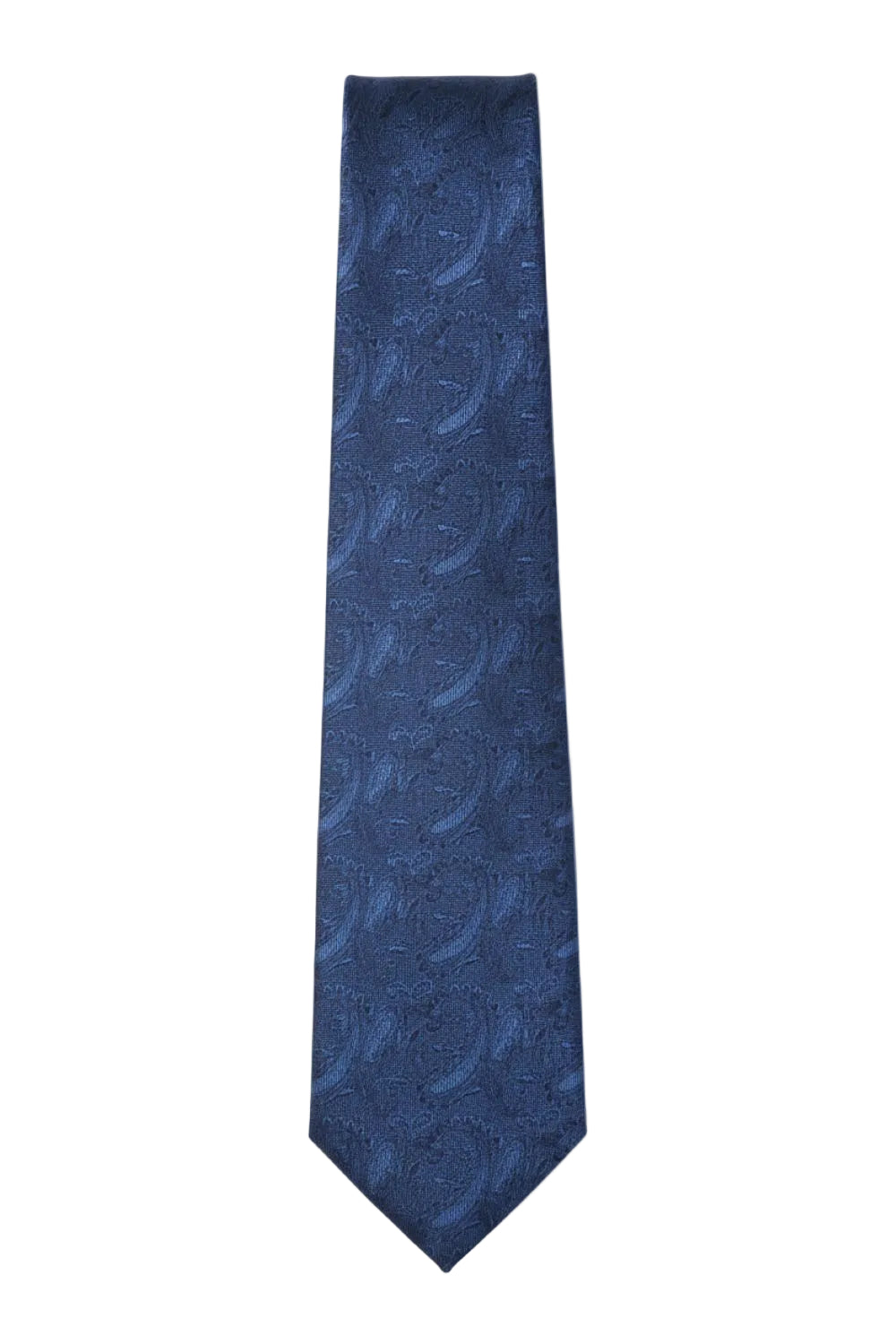 Navy blue paisley tie laid straight and flat against a clean white background