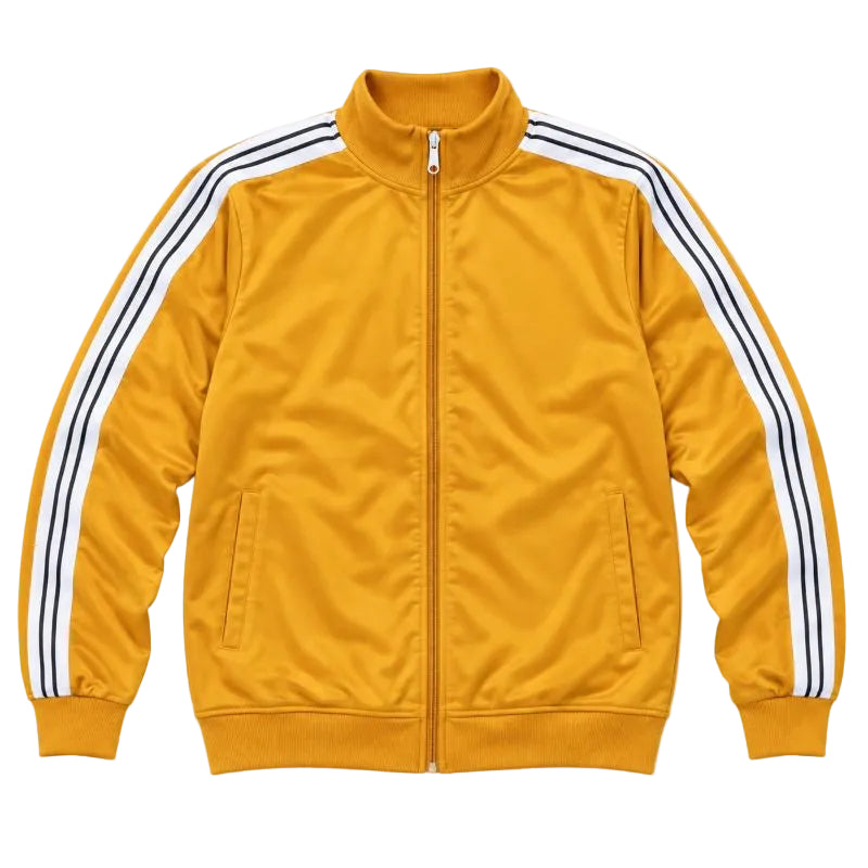 A yellow track jacket with three black stripes on the sleeves, featuring a full-length front zipper, a stand-up collar, and two front pockets, shown against a plain white background.
