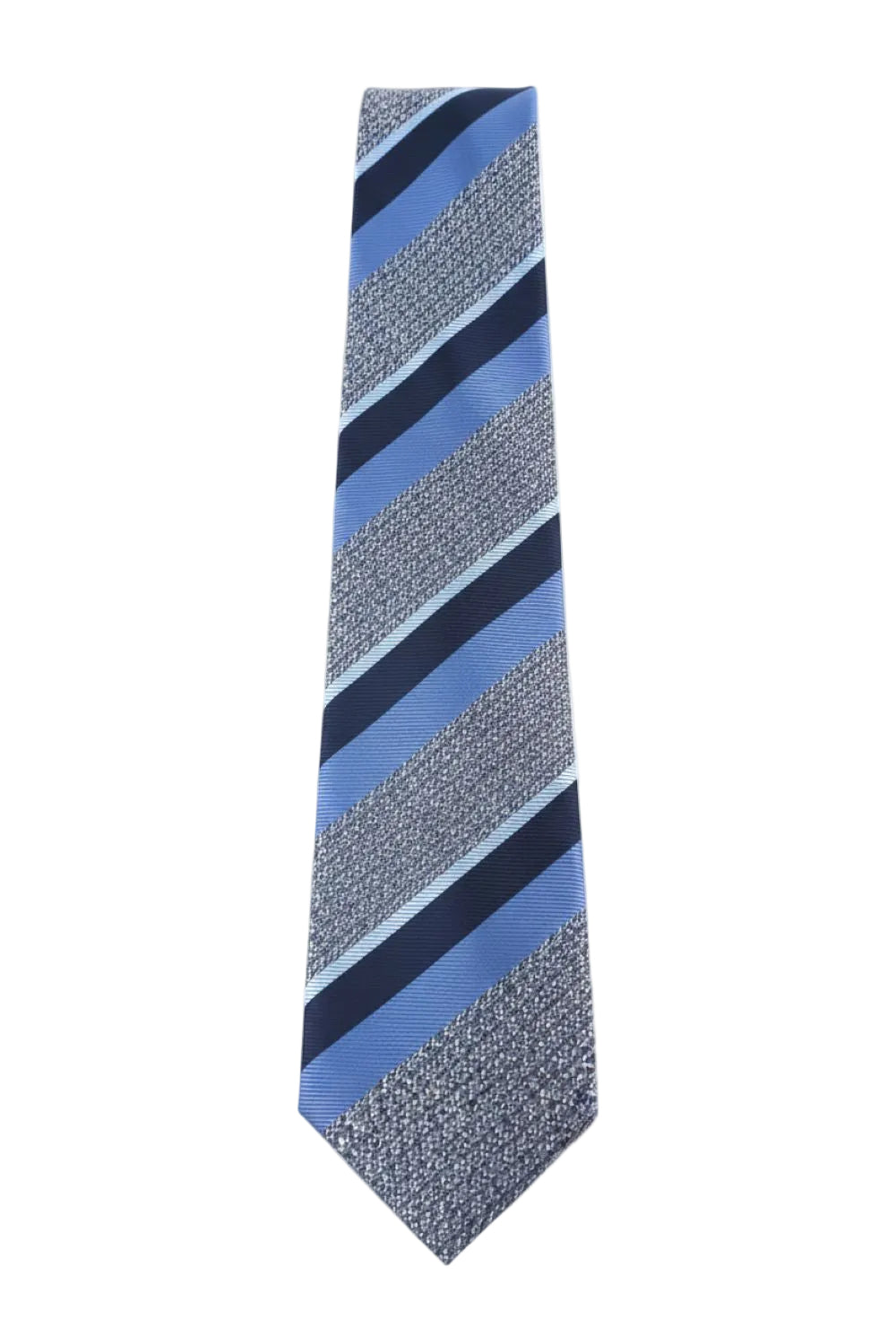 Blue and gray striped tie laid flat
