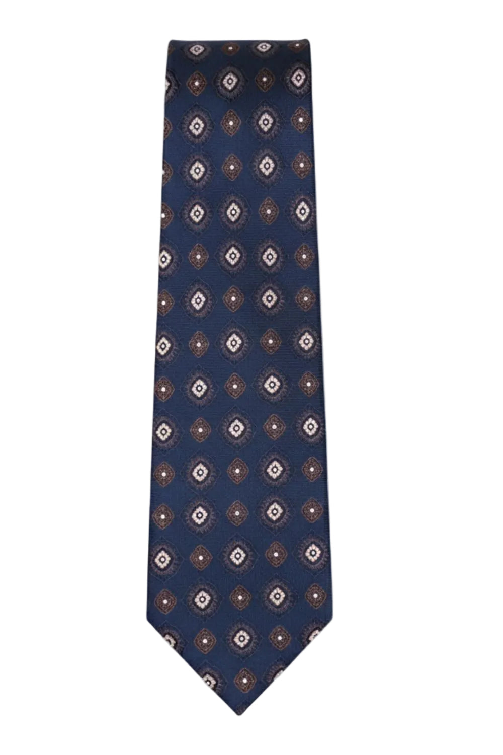 Navy tie with brown and white medallion pattern laid flat