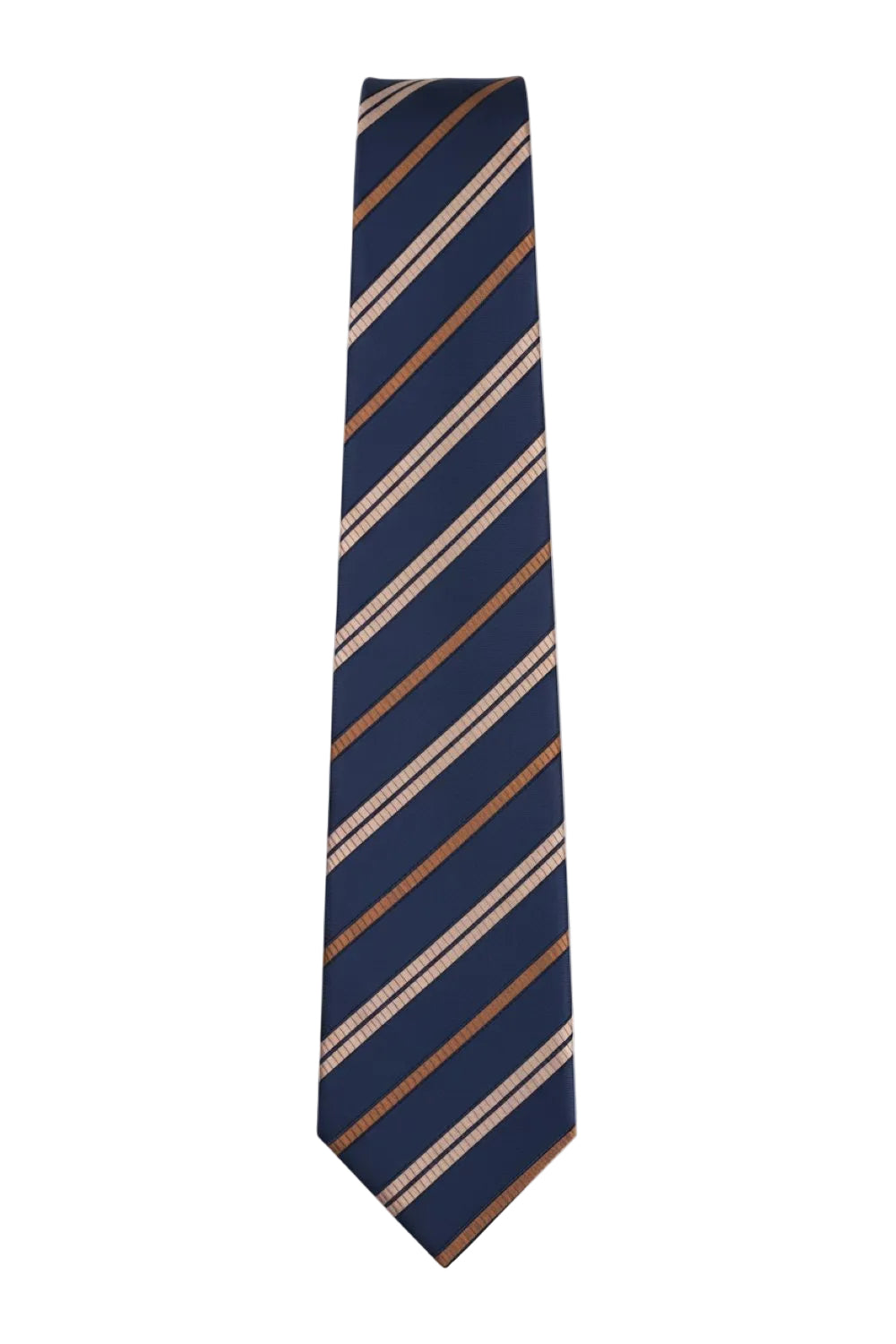 Navy tie with tan and brown diagonal stripes laid flat
