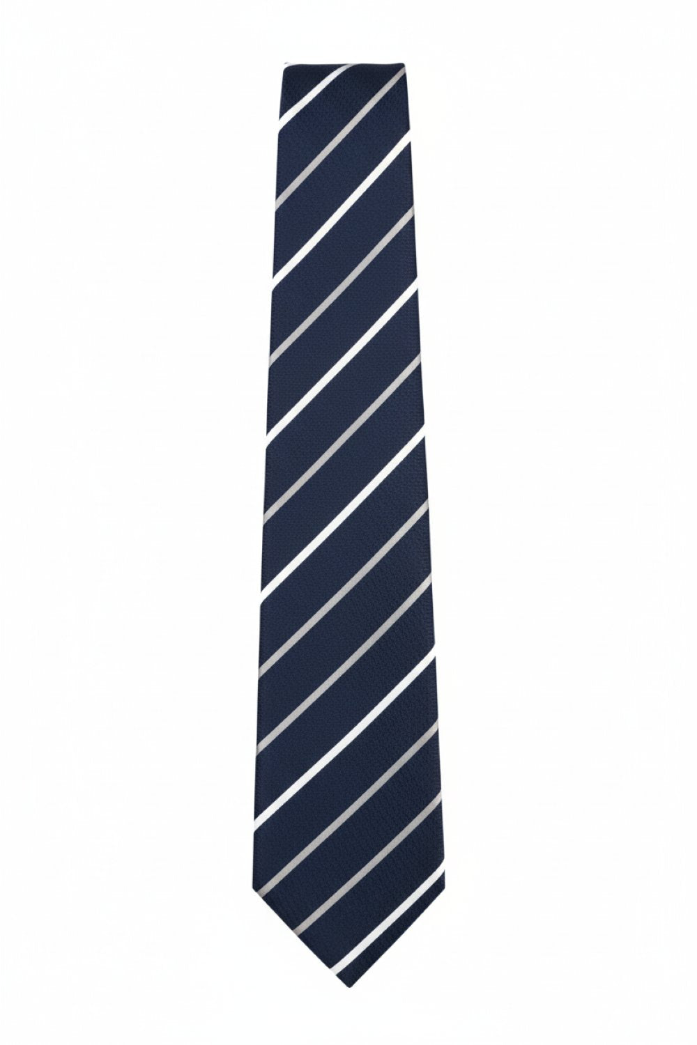 navy tie with white diagonal stripes laid  flat and straight against a clean white background