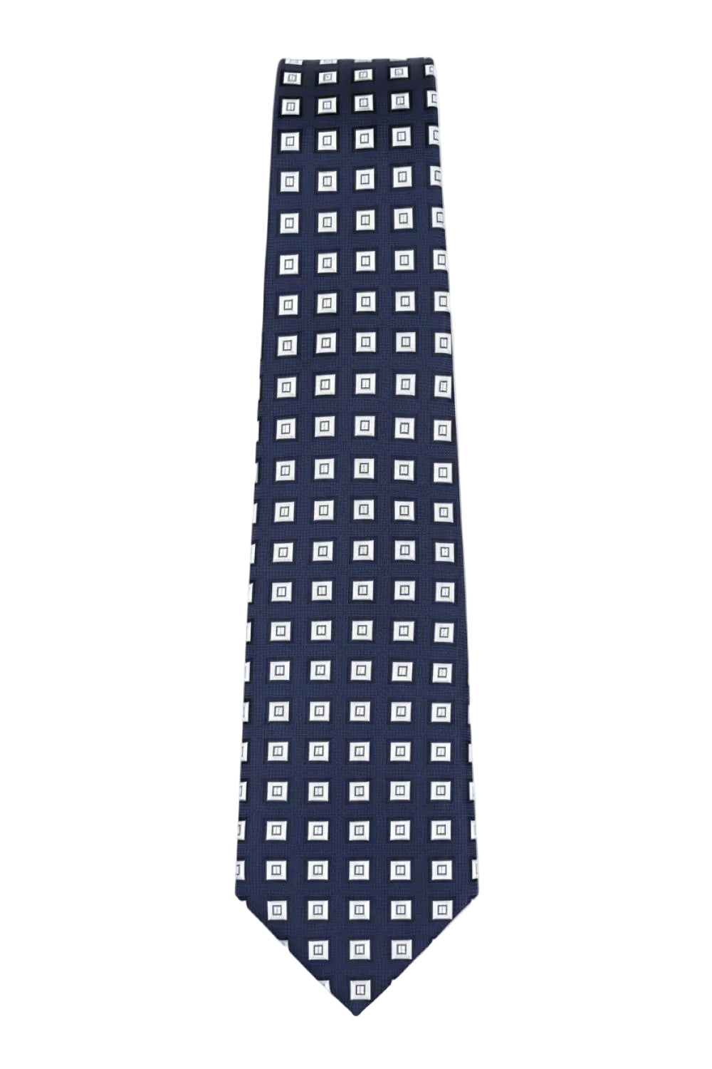 Navy tie with white geometric squares laid flat and straight against a clean white background