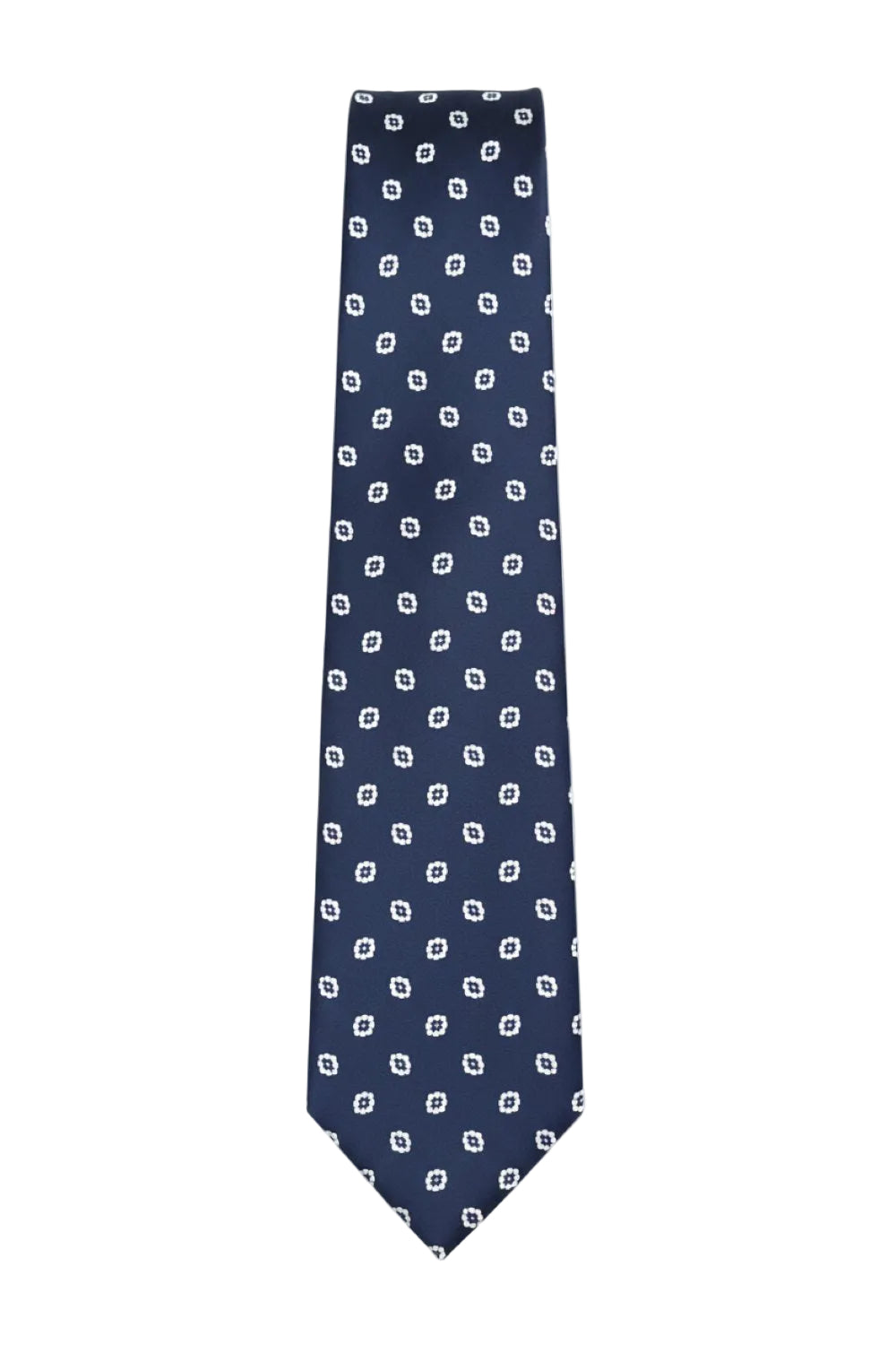 Navy blue tie with white geometric diamond pattern laid flat and straight against a clean white background