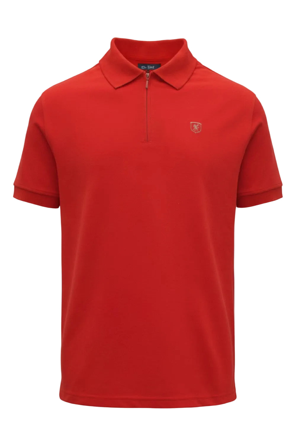 Red polo shirt with a small logo on a white background