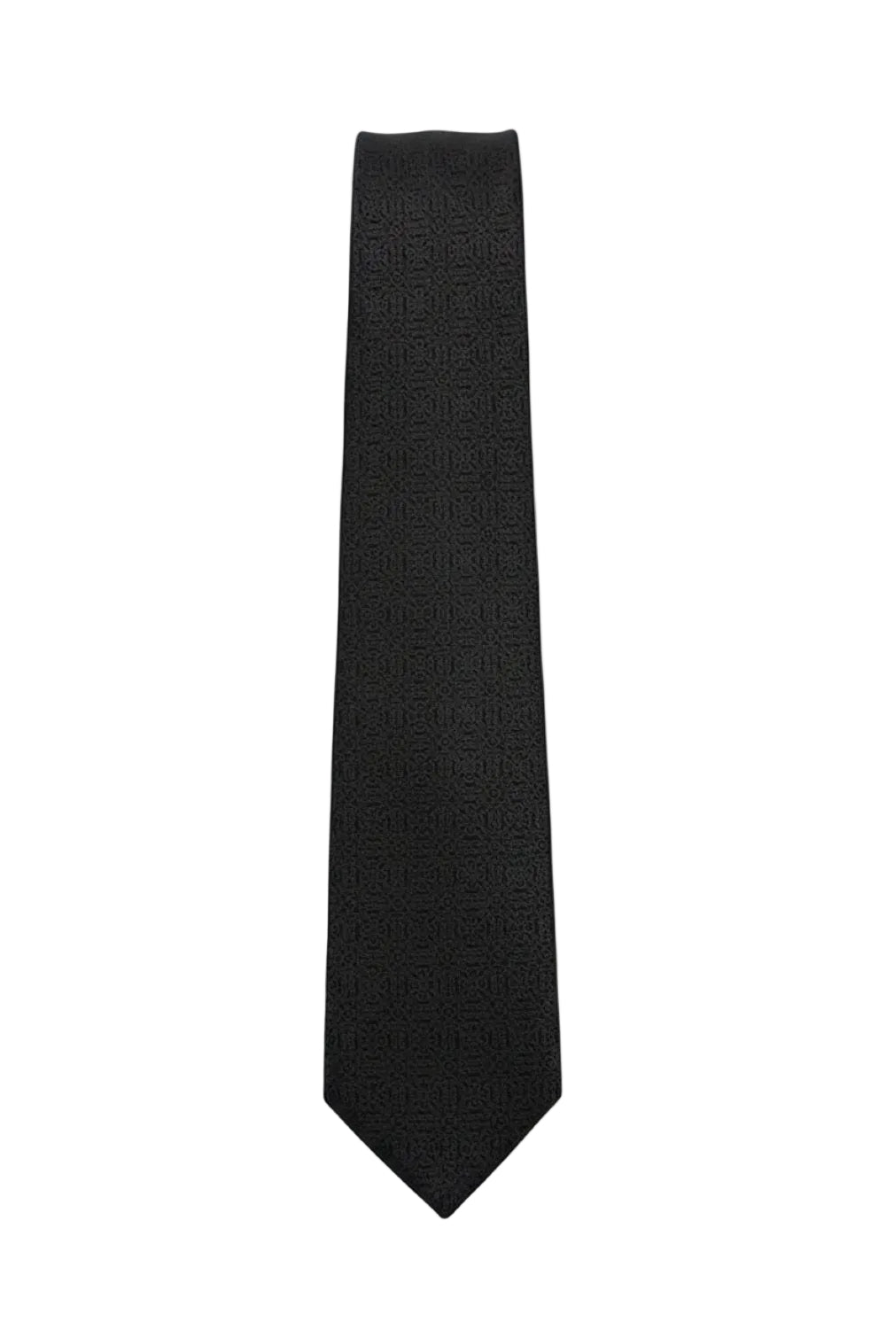 Black textured tie laid straight and flat against a clean white background