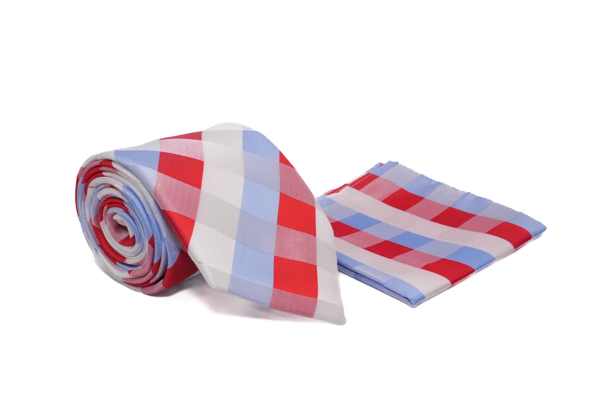 Red White Blue Check Pattern Tie and Pocket Square Set