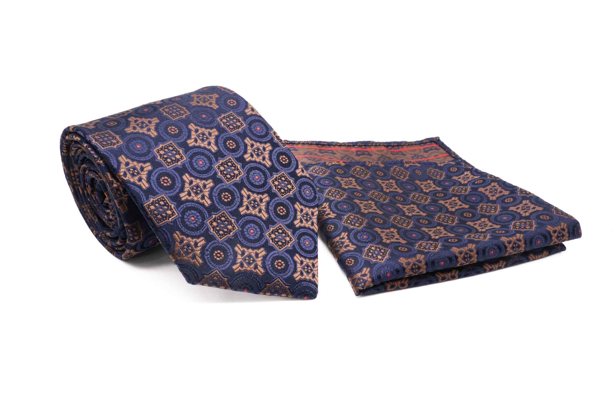 Navy Brown Multi Pattern Tie and Pocket Square Set