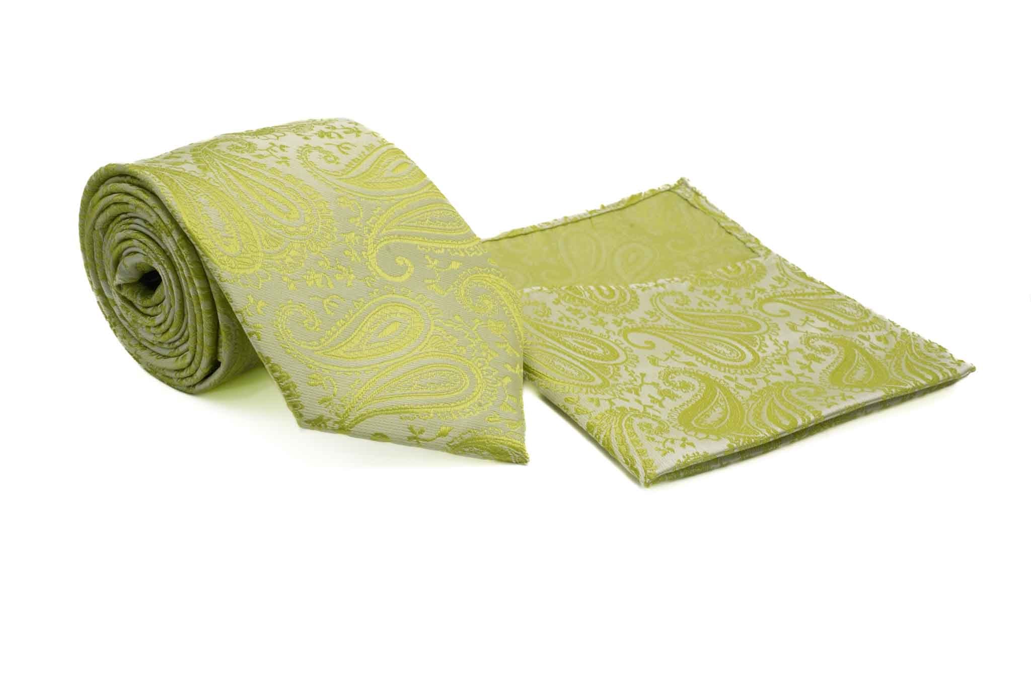 Light Green Paisley Pattern Men's Tie and Pocket Square Set