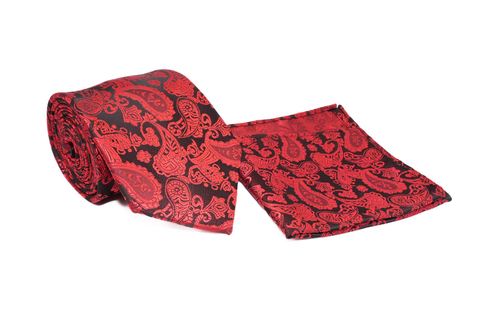 Crimson Red Paisley Pattern Men's Tie and Pocket Square Set