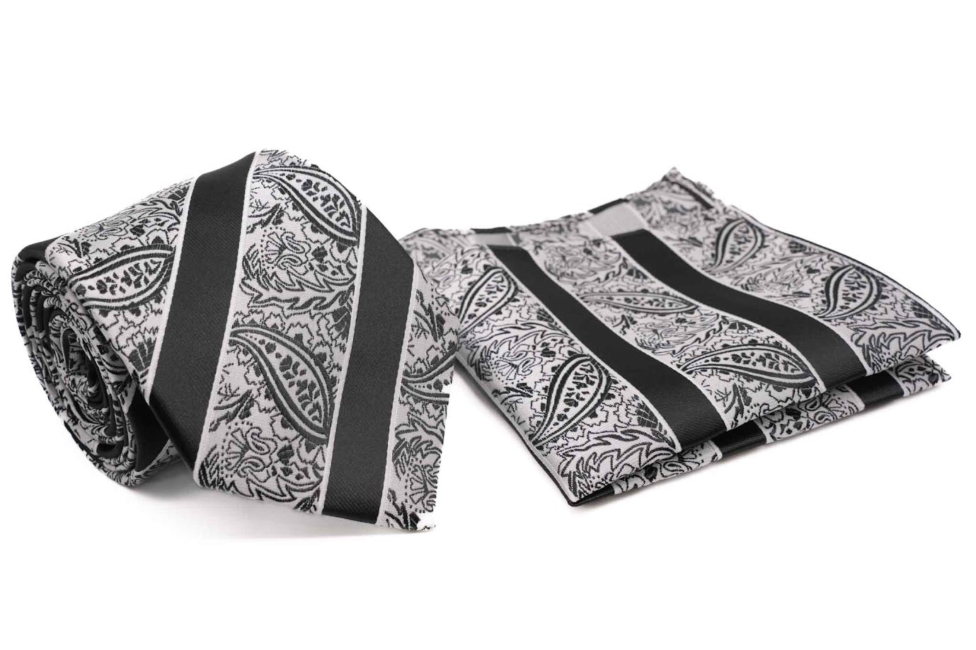 Black White Paisley Pattern Stripe Men's Tie and Pocket Square Set
