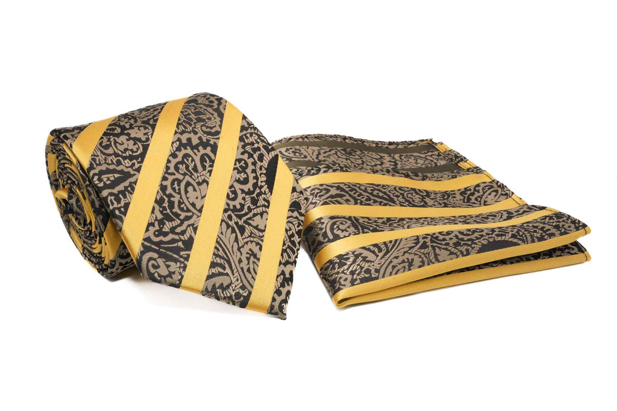 Black paisley men's tie and pocket square set with gold diagonal stripe