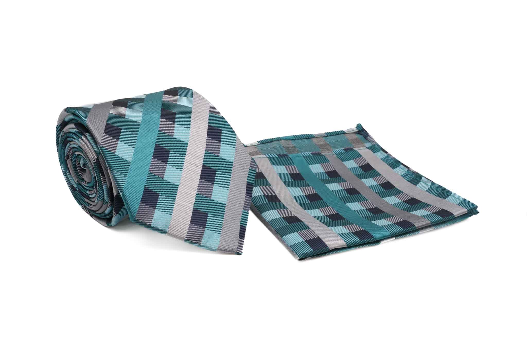 Multi Color Check and Stripe Tie and Pocket Square Set