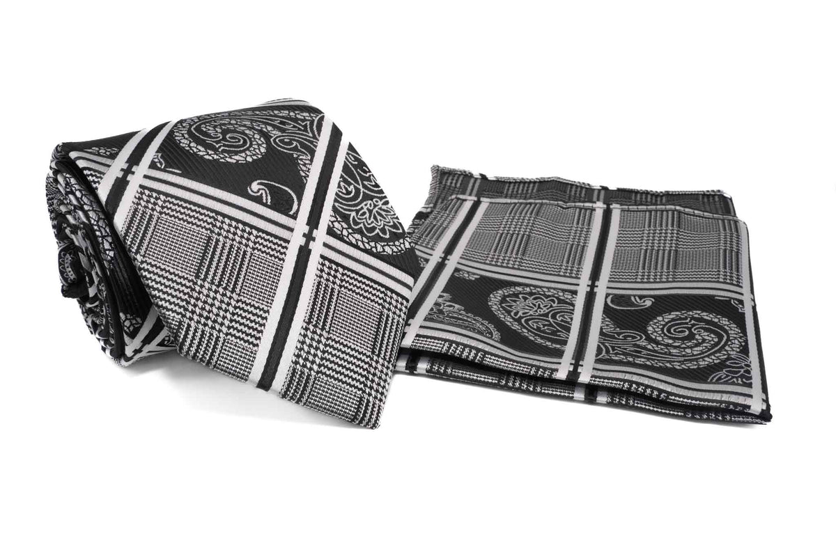Black and gray multi-pattern tie and pocket square set