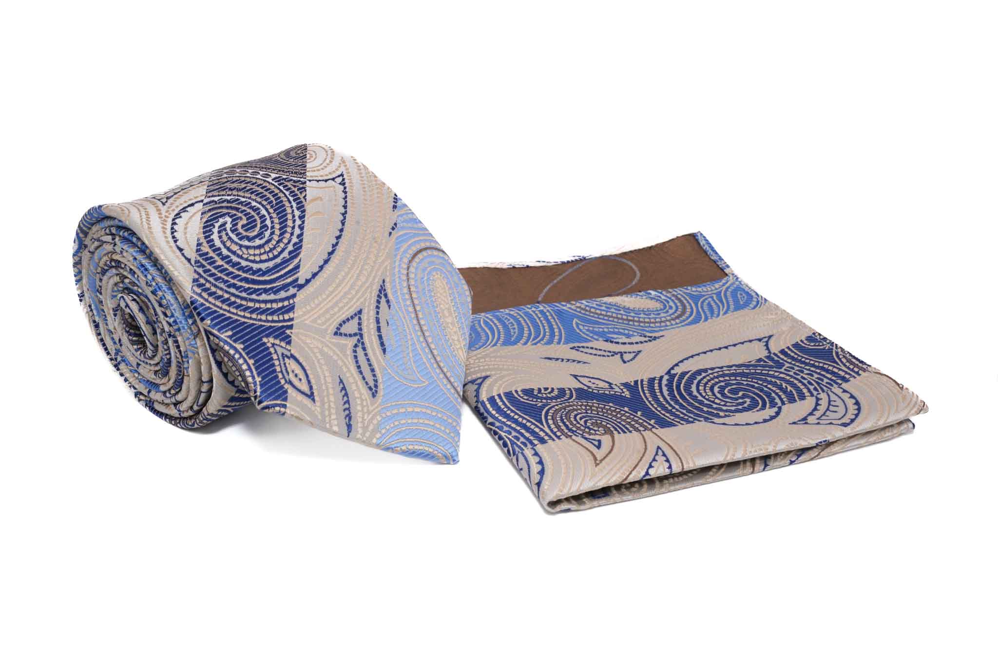 Blue Beige Paisley Pattern Stripe Men's Tie and Pocket Square Set