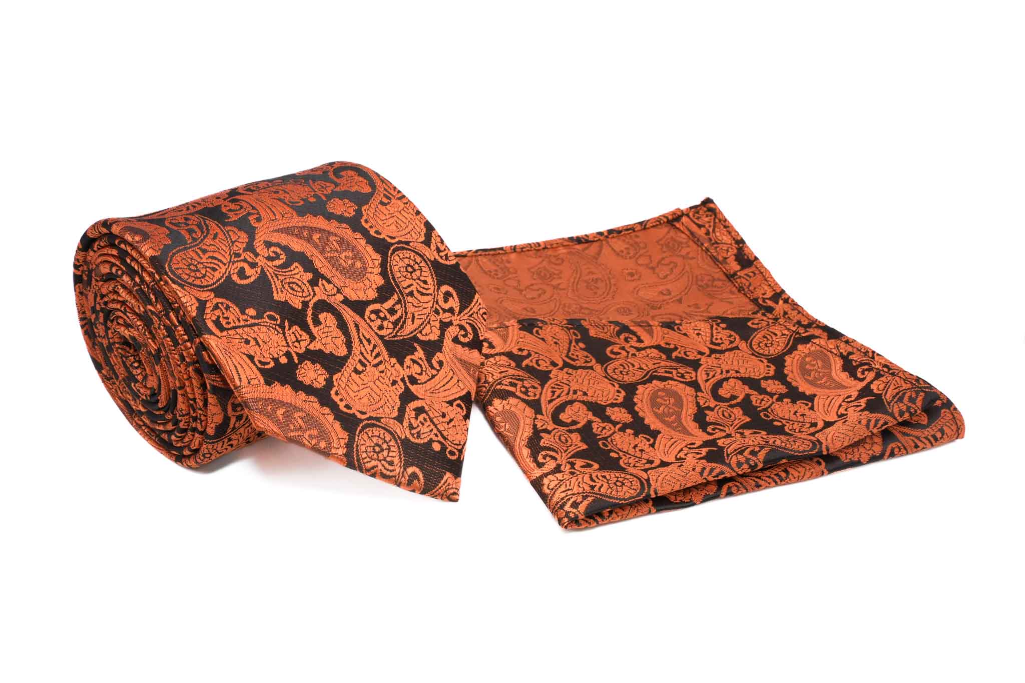 Orange Black Paisley Pattern Men's Tie and Pocket Square Set