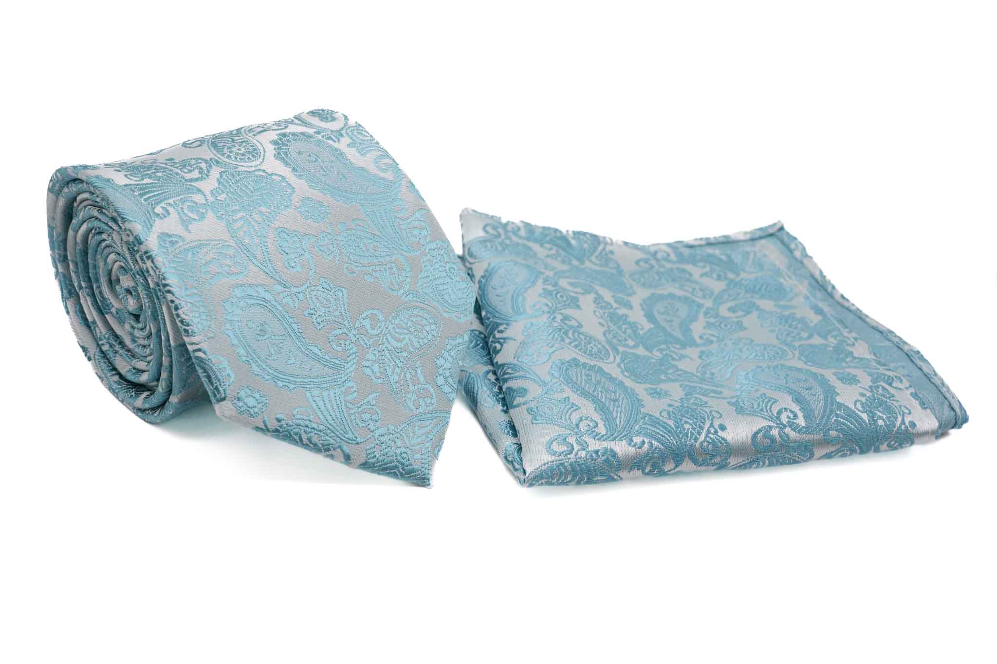 Teal White Paisley Pattern Men's Tie and Pocket Square Set