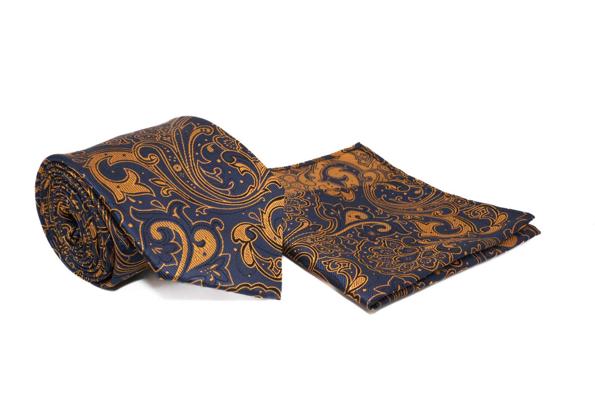 Navy paisley men's necktie and matching pocket square accessory set