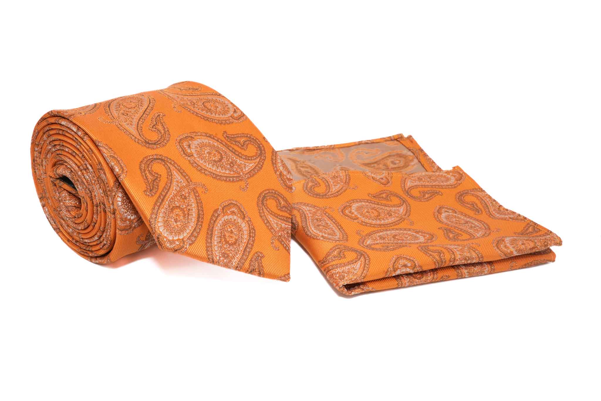 Pumpkin Orange Paisley Pattern Men's Tie and Pocket Square Set