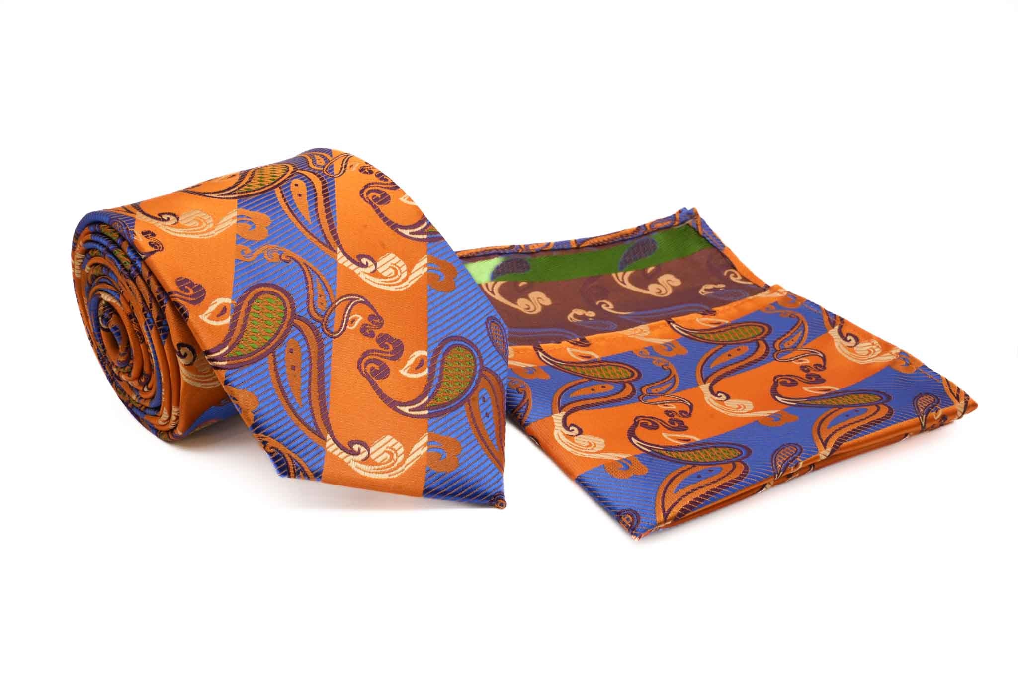 Royal Blue Orange Paisley Pattern Men's Tie and Pocket Square Set