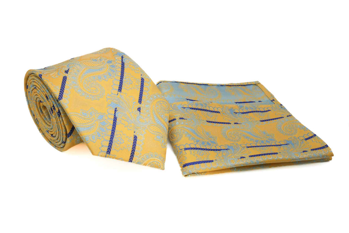 Yellow paisley and blue stripe men's tie and pocket square set