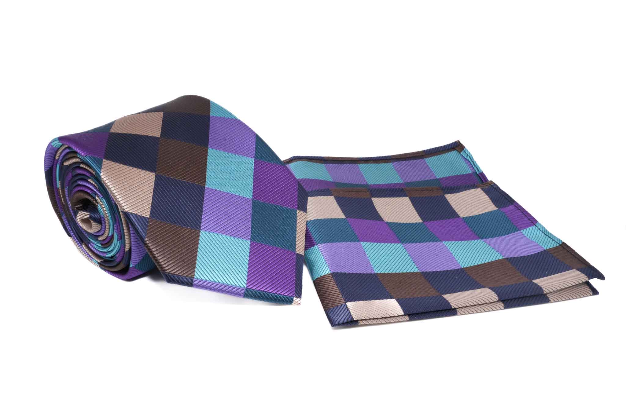 Multi Color Cross Check Pattern Tie and Pocket Square Set