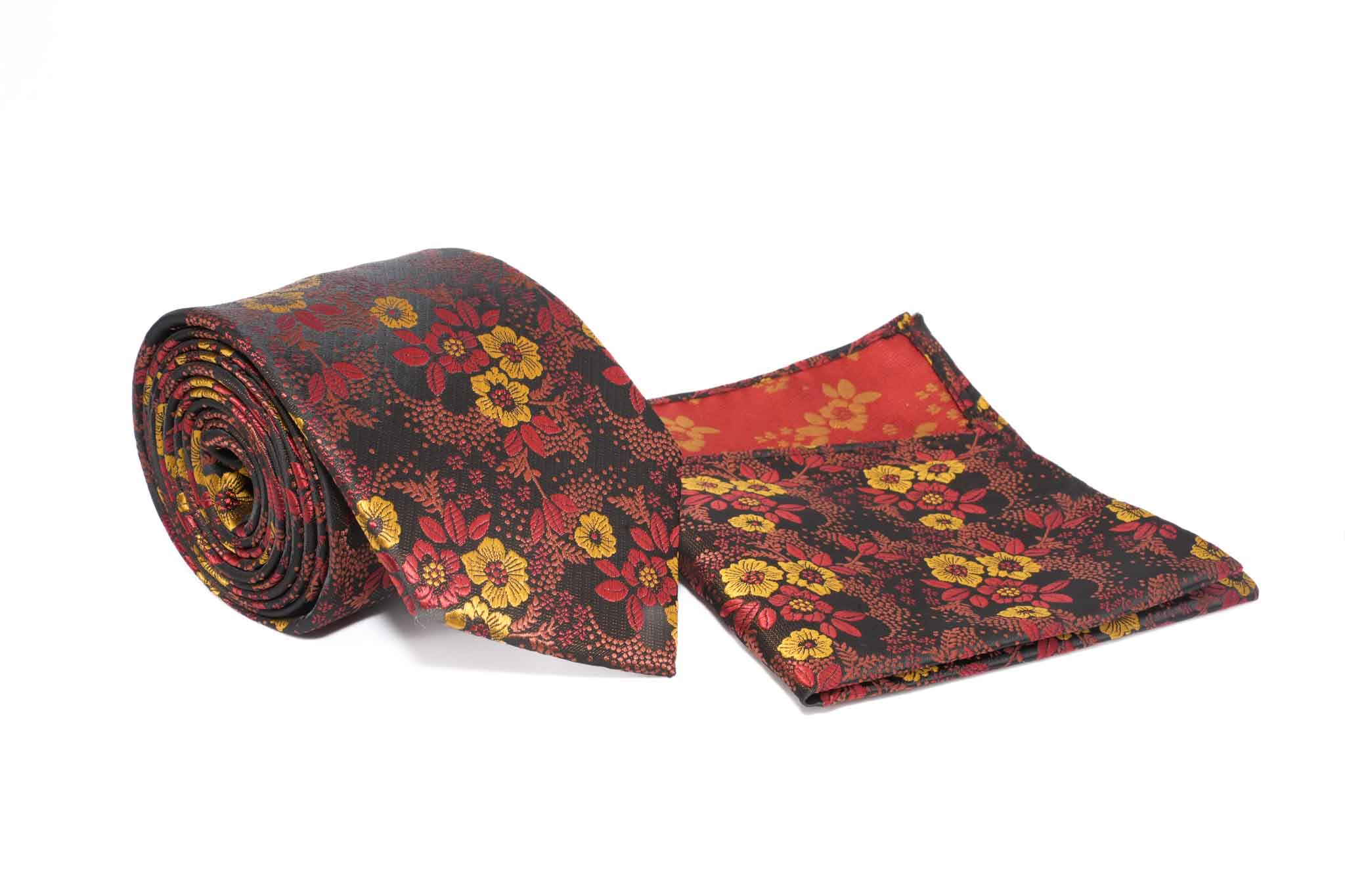 Red Yellow Floral Pattern Men's Tie and Pocket Square Set
