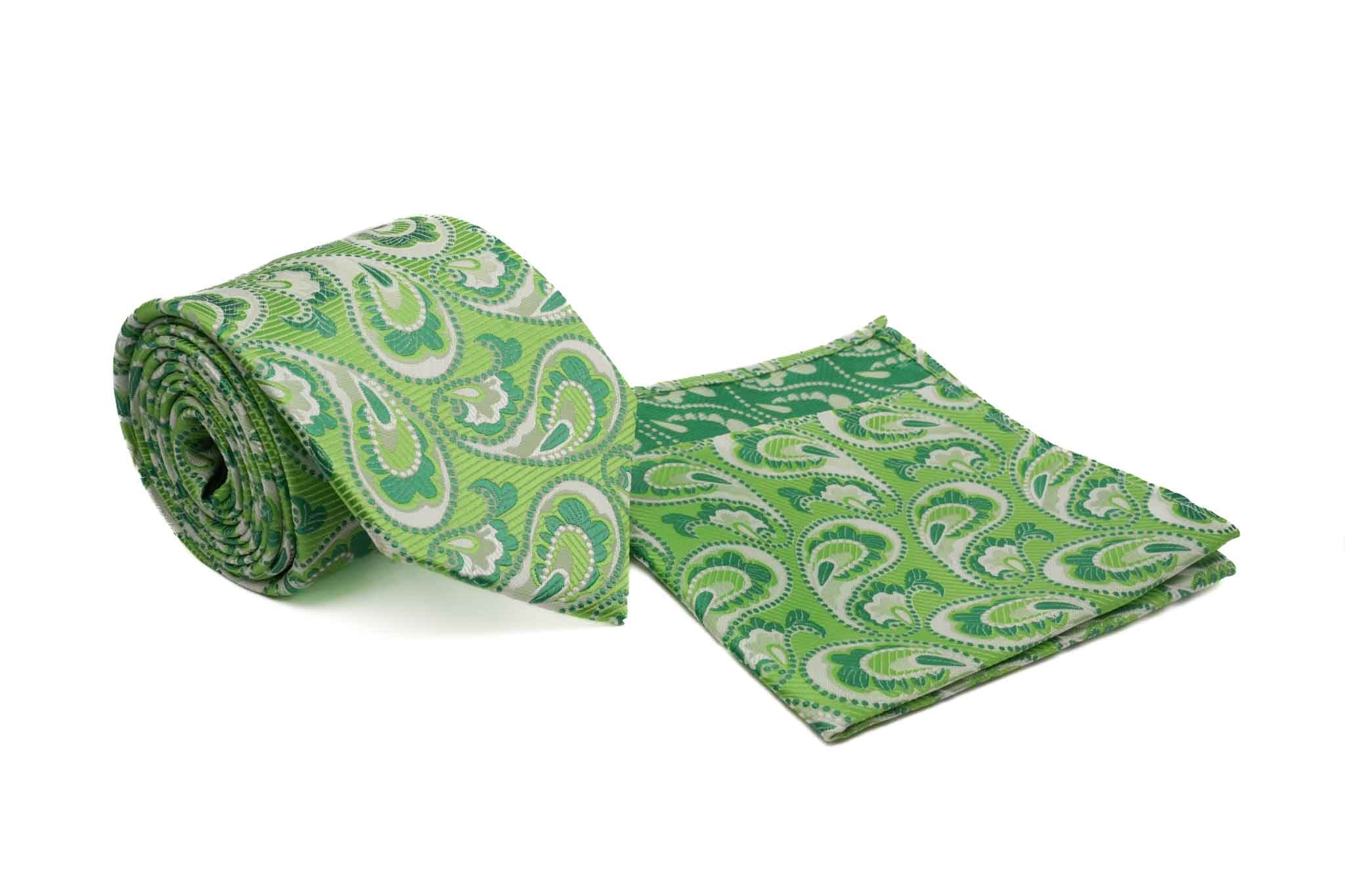 Lime Green Paisley Pattern Men's Tie and Pocket Square Set