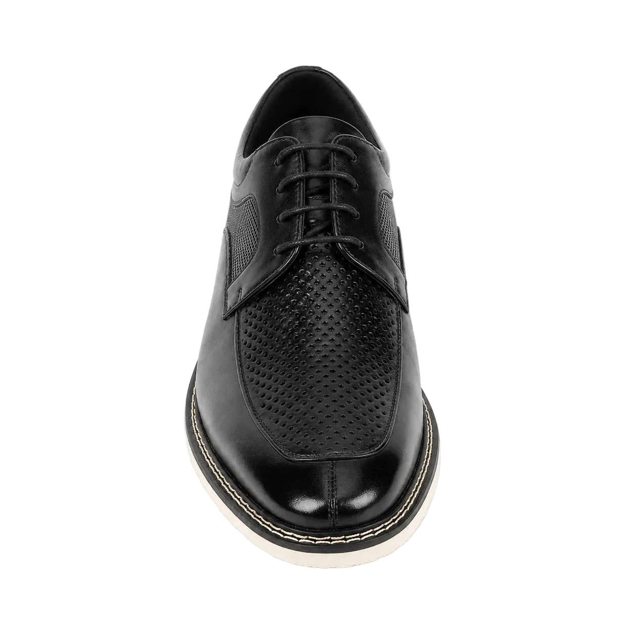 A single men's black leather dress shoe with a mix of smooth and perforated textures, shown from a top-down view on a white background.