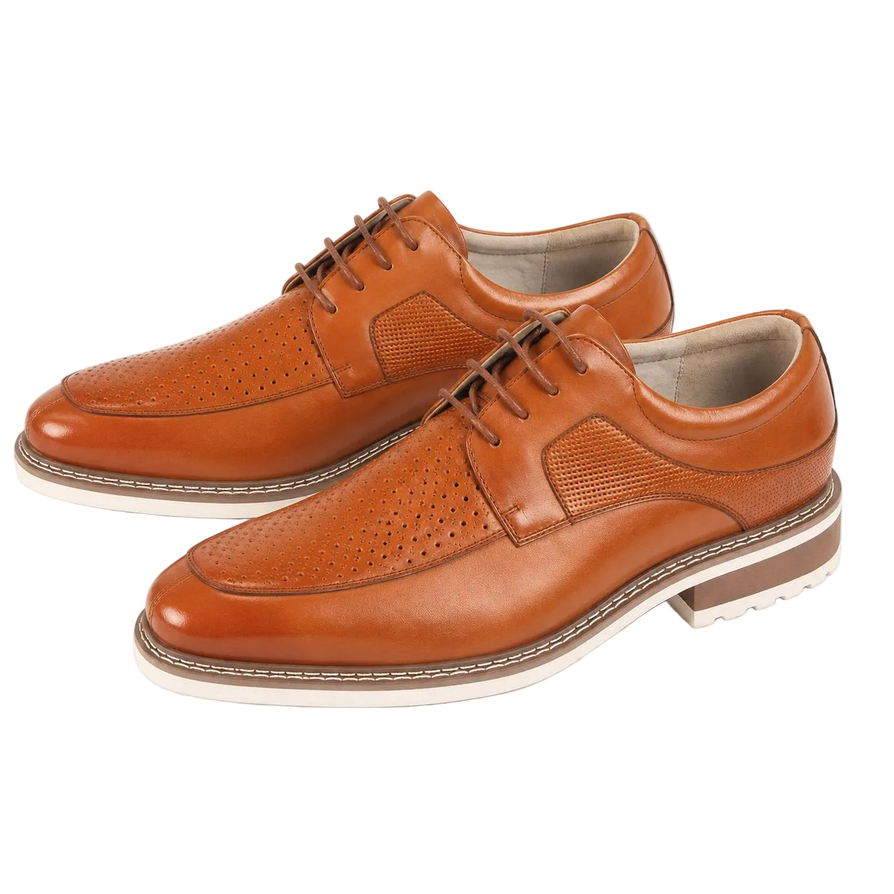 A pair of men's brown leather oxford shoes with perforated detailing on the toe boxes and sides, laced up with a white welt and sole, shown on a white background.