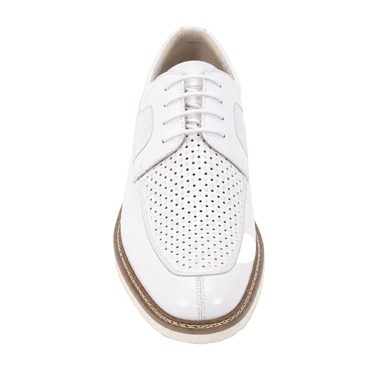 A white leather lace-up dress shoe with perforated detailing on the toe box, shown from a top-down view on a white background.
