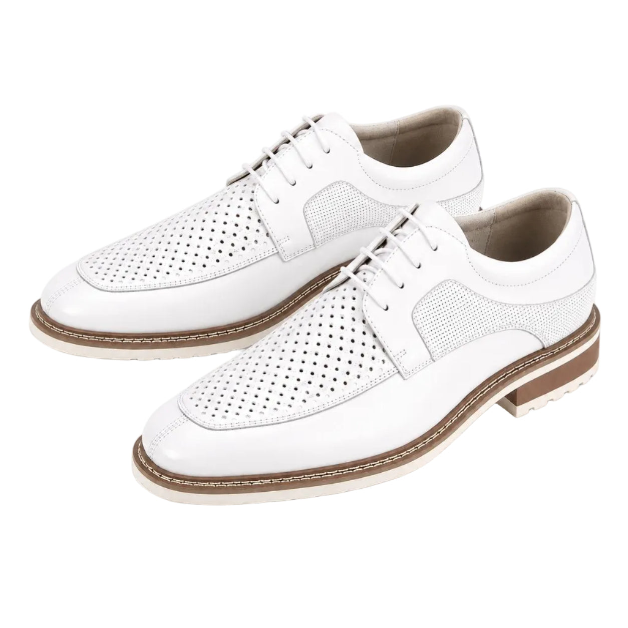 A pair of white leather lace-up dress shoes with perforated detailing on the toe and sides, a brown welt, and a white outsole, shown against a plain white background.
