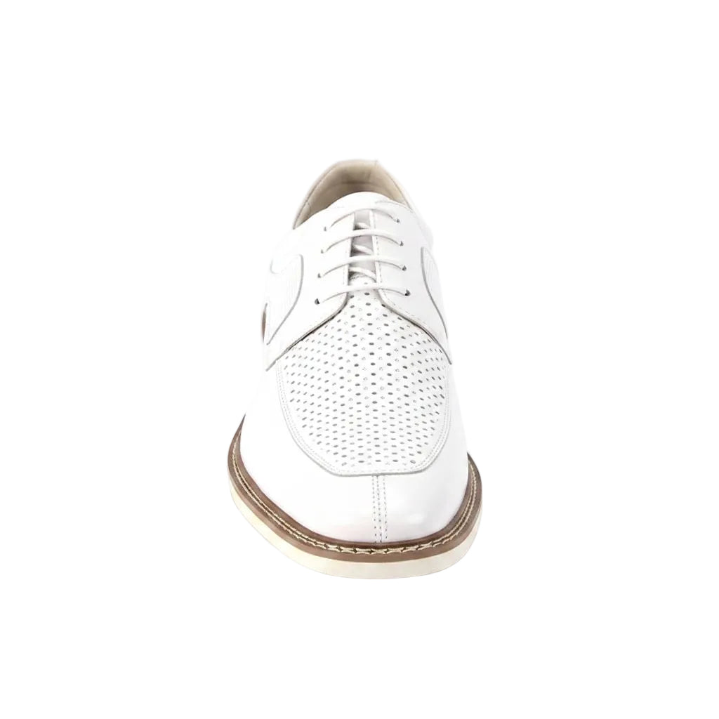 White leather shoe with brown sole on a white background