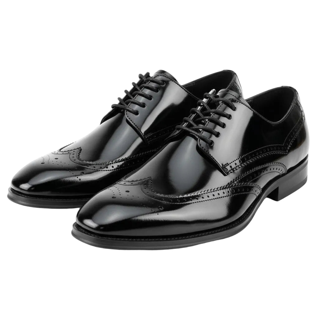 Pair of black glossy dress shoes on a white background
