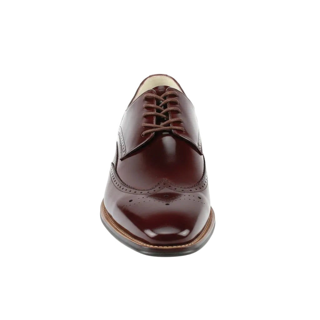 Burgundy leather dress shoe on a white background