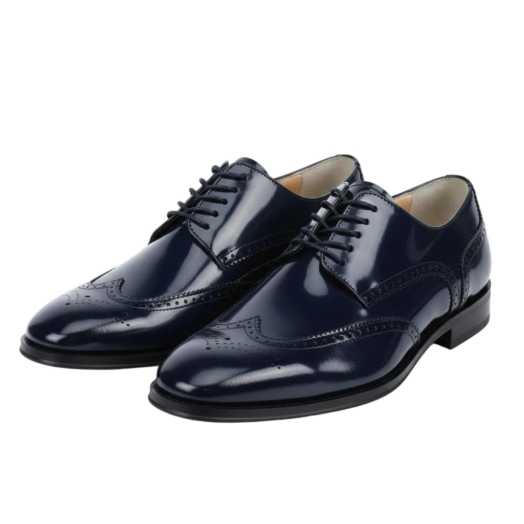Pair of navy blue dress shoes on a white background