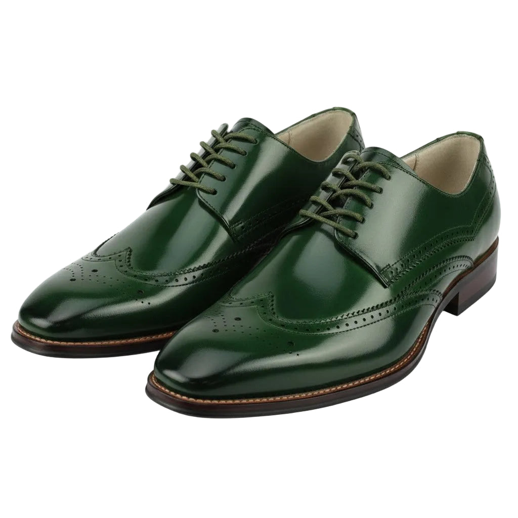 Pair of green dress shoes on a white background