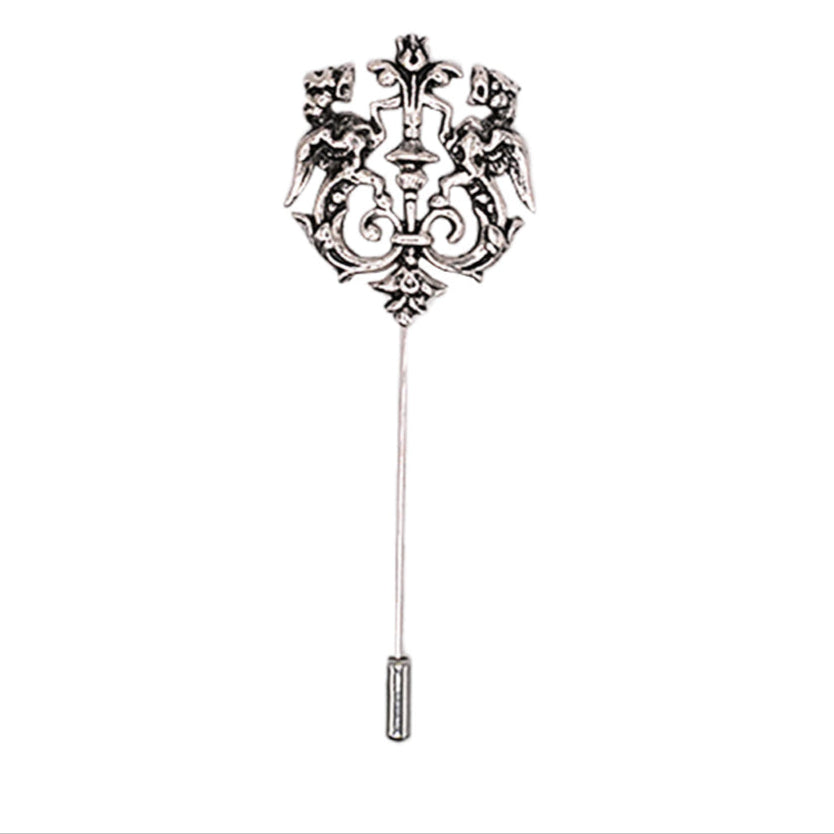 Vintage Black Silver Hollow Double Lion Lapel Pin